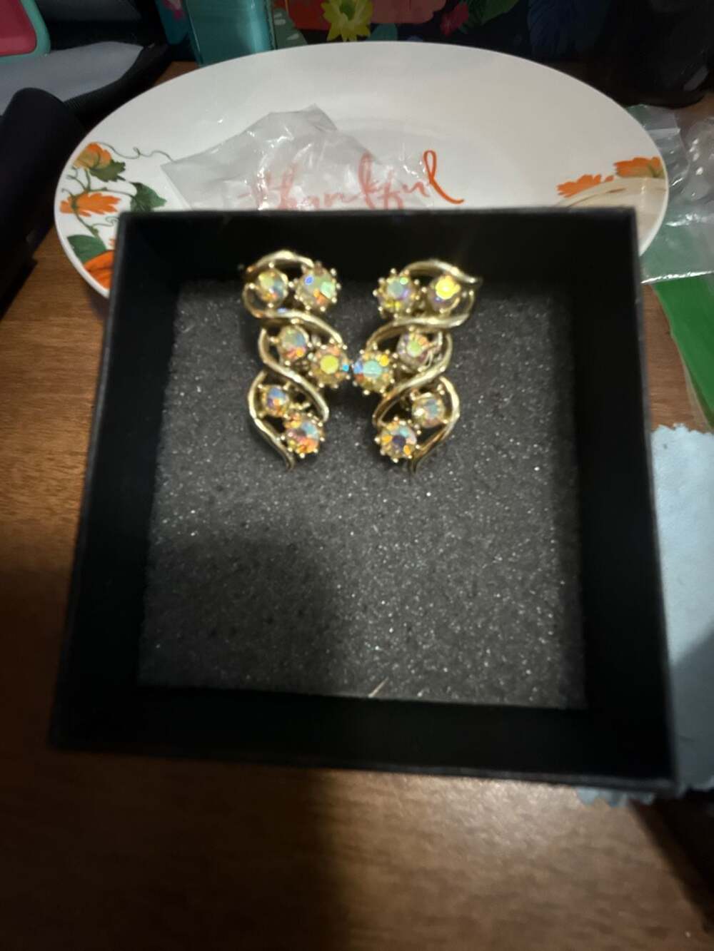 Vintage Aurora Borealis Crystal Gold Tone Clip Earrings